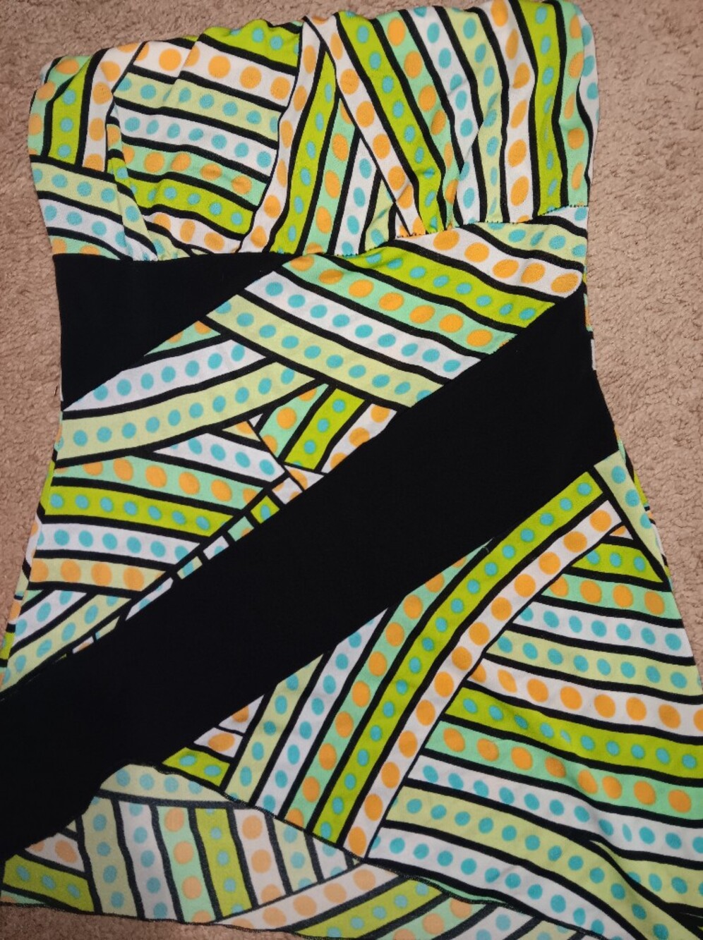Joyce Leslie Black Strapless Shirt with Lime, Aqua, and Yellow Print